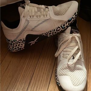 Reebok Women's White Mesh Training Sneakers with Leopard Print Trim